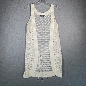 Maxime Cream Open Knit Crochet Duster Vest Cardigan Sweater Open Front Tie L